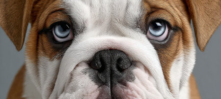 A close up of an adorable brown and white bulldog gazing attentively against a grey background.の素材