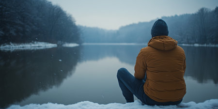 Solitude in Winter A Peaceful Reflection by the Serene Lake Amidst Snow-Covered Mountainsの素材