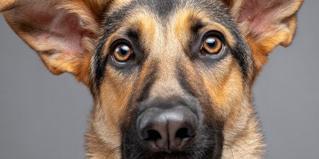 Close-Up Portrait of a Loyal German Shepherd with Intense Gaze Against a Subtle Gray Backgroundの素材