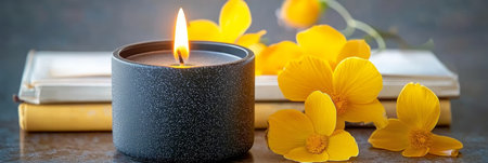 Charming Stock Image of a Cozy Scene with a Speckled Candle, Yellow Flowers, and Stacked Booksの素材