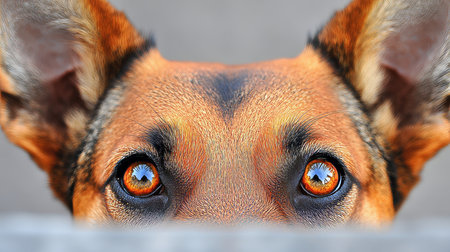 Alert Belgian Malinois with Intense Gaze, Piercing Eyes, and Charming Expression on Gray Backgroundの素材