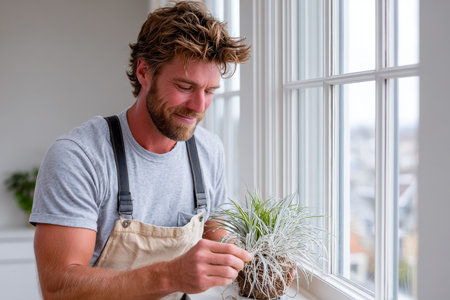 Attentive man nurturing vibrant indoor plants in his cozy home, enjoying leisure time and sunlight.の素材