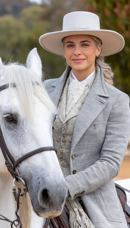 Elegant Horseback Riding in Traditional Equestrian Attire During a Majestic Horse Show Event.の素材