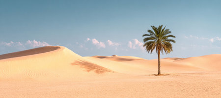 Breathtaking Desert Landscape at Sunset Palm Trees Silhouetted Against Golden Sand Dunes and Skyの素材