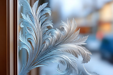 Frost Floral Formations and Winter Crystal Growth Patterns on Glass Surfaces and Ice Designsの素材