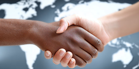 Diverse Global Partnership Handshake Symbolizing Unity and Prosperity Across Borders in Businessの素材