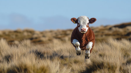 Joyful Calf Leaps Across Verdant Pasture on a Sunny Day, Embracing Nature s Beauty and Freedomの素材