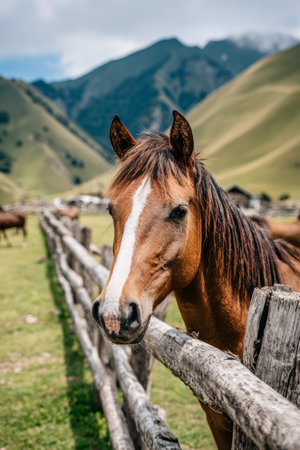 Curious Morgan Horse Gazes Over Wooden Fence at Scenic Farm with Rolling Hills and Green Grasslandsの素材