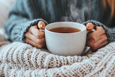 Cozy Winter Scene A Warm Cup of Tea Next to Knitted Sweaters, Evoking Comfort and Serenityの素材