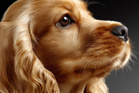 Golden Brown Cocker Spaniel Portrait Fluffy Ears and Charming Face Against a Soft Gray Backgroundの素材