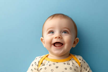 Adorable Baby With Big Smile Gazing Upwards, Captivating Portrait of Joyful Innocence and Happinessの素材