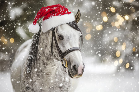 Majestic White Horse Wearing a Santa Hat in a Winter Wonderland, Perfect for Holiday Celebrationsの素材