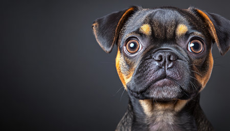 Adorable Bulldog Puppy with Bright Eyes Captured in a Close-Up Photoshoot on Gray Backgroundの素材