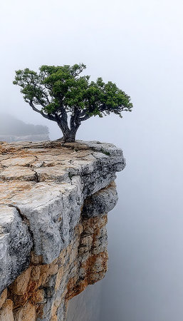 Solitary majestic tree on a misty mountain peak, offering breathtaking panoramic views of nature.の素材