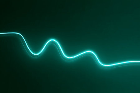 Neon Teal Wave Glowing on Dark Green Backdrop, Emitting Soft Light, Futuristic Technology Conceptの素材
