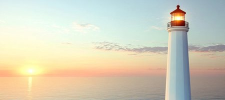 A Solitary Lighthouse Standing Tall at Dusk, Guiding Ships with Its Warm and Inviting Light.の素材