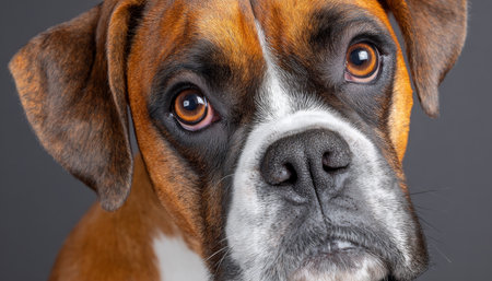 Charming and Expressive Boxer Dog Portrait with Affectionate Gaze Against a Serene Grey Backgroundの素材