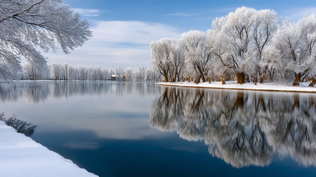Serene Winter Lake Reflection with Frosted Trees and Peaceful Blue Water in Tranquil Nature Sceneの素材