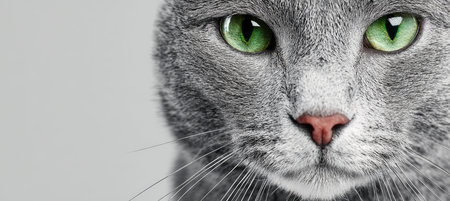 Captivating Close-Up of a Beautiful Gray Cat with Striking Emerald Eyes on a Soft Neutral Backgroundの素材