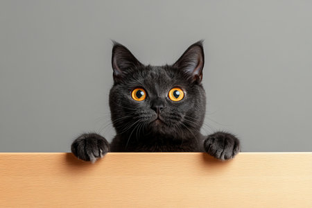 Charming black cat with striking yellow eyes gazes curiously over a wooden panel backdrop in grayの素材