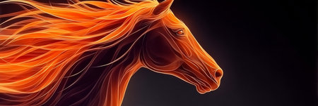Majestic Fiery Horse Portrait Stunning Stallion with Blazing Orange Flame Mane in Dynamic Colorsの素材