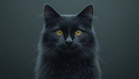 Stunning Long-Haired Black Cat with Striking Golden Eyes Posing Elegantly Against a Gray Backgroundの素材