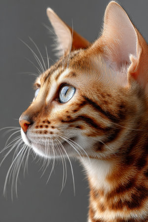 Stunning Portrait of a Bengal Cat with Mesmerizing Blue Eyes and Distinctive Markings on Grayの素材