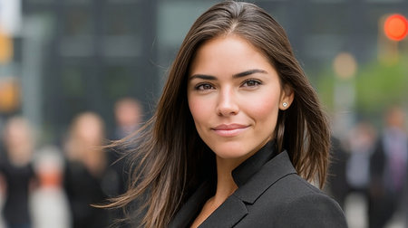 Confident Hispanic Businesswoman Gazing at Camera with Professionalism in Modern Office Settingの素材