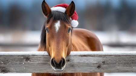 A Beautiful Chestnut Horse Wearing a Santa Hat Peeks Over a Rustic Wooden Fence for Christmas Cheerの素材