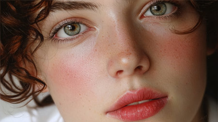 Close-up of a Young Woman with Curly Hair and Fresh Makeup, Capturing Natural Beauty and Emotionsの素材
