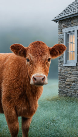 Red Devon Cattle Grazing in Idyllic Farmstead Surrounded by Lush Green Countryside Beautyの素材