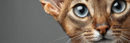 Captivating Singapura Cat with Mesmerizing Blue Eyes and Expressive Gaze on a Simple Gray Backgroundの素材