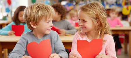 Children Joyfully Creating and Exchanging Handmade Valentine s Day Cards in a Colorful Classroomの素材