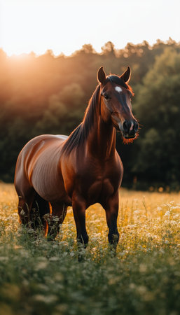 Majestic brown Arabian stallion galloping freely in a picturesque rural field surrounded by trees.の素材