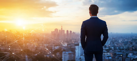 Visionary Business Leader Overlooking Futuristic Cityscape Bathed in Golden Light and Innovationの素材