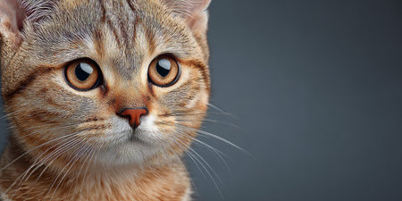 Charming Munchkin Cat with Captivating Eyes and Playful Nature Poses Beautifully on Gray Backgroundの素材