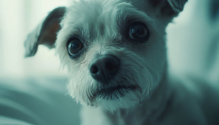 Charming Bichon Mix Dog Portrait with Expressive Eyes and Clean Background for Visual Appealの素材