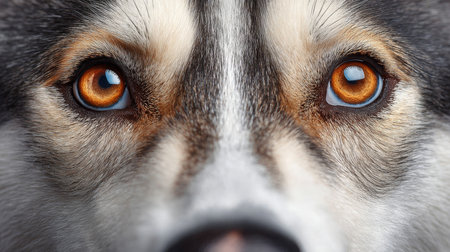 Close-Up Portrait of a Siberian Husky with Expressive Amber Eye in a Clean and Captivating Styleの素材