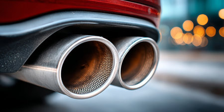 Sleek Vehicle Tail with Chrome Dual Exhaust Pipes, a Stunning Example of Modern Automotive Designの素材