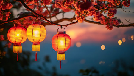 Illuminating Lanterns Under Blooming Cherry Blossoms, Creating a Magical Festive Night Sceneの素材
