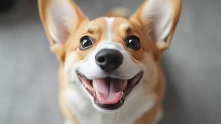 Adorable Welsh Corgi Dog Closeup with Bright Eyes and Cute Grin on Neutral Indoor Backgroundの素材