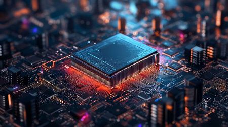 Advanced Quantum Processor Microchip on Motherboard with Interconnected Cyber Network Innovationsの素材