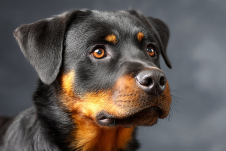 Stunning Rottweiler Portrait with Expressive Eyes and Elegant Profile Against a Soft Gray Backgroundの素材