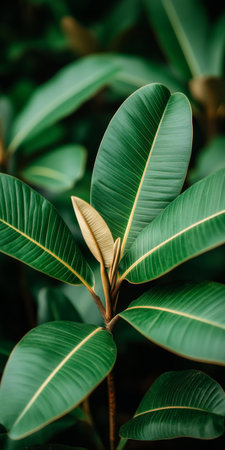 Vibrant Green Rubber Plant Leaves with Fresh Foliage Create a Serene Indoor Botanical Oasisの素材