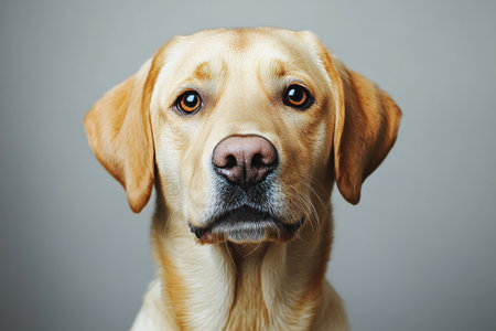 Heartwarming Portrait of a Labrador Retriever with Golden Fur and Soulful Eyes on Gray Backgroundの素材