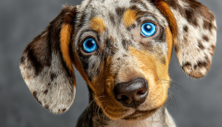 Intimate Portrait of a Dachshund with Piercing Blue Eyes, Capturing Stunning Details in Gray Furの素材