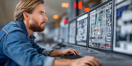 Systems Engineer Using Technology for Data Analysis and Control Room Monitoring Screensの素材