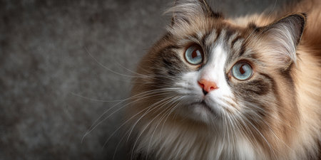 Stunning Ragdoll Cat Portrait with Gorgeous Blue Eyes and Fluffy Fur on a Soft Gray Backgroundの素材