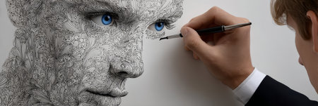 Detailed Face Drawing of a Young Woman with Striking Blue Eyes, Artistic Process and Techniquesの素材