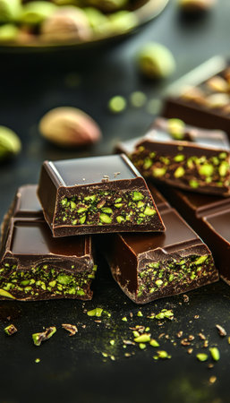Gourmet Dark Chocolate Slices Topped with Pistachios, Macro Detail of a Delicious Sweet Treatの素材